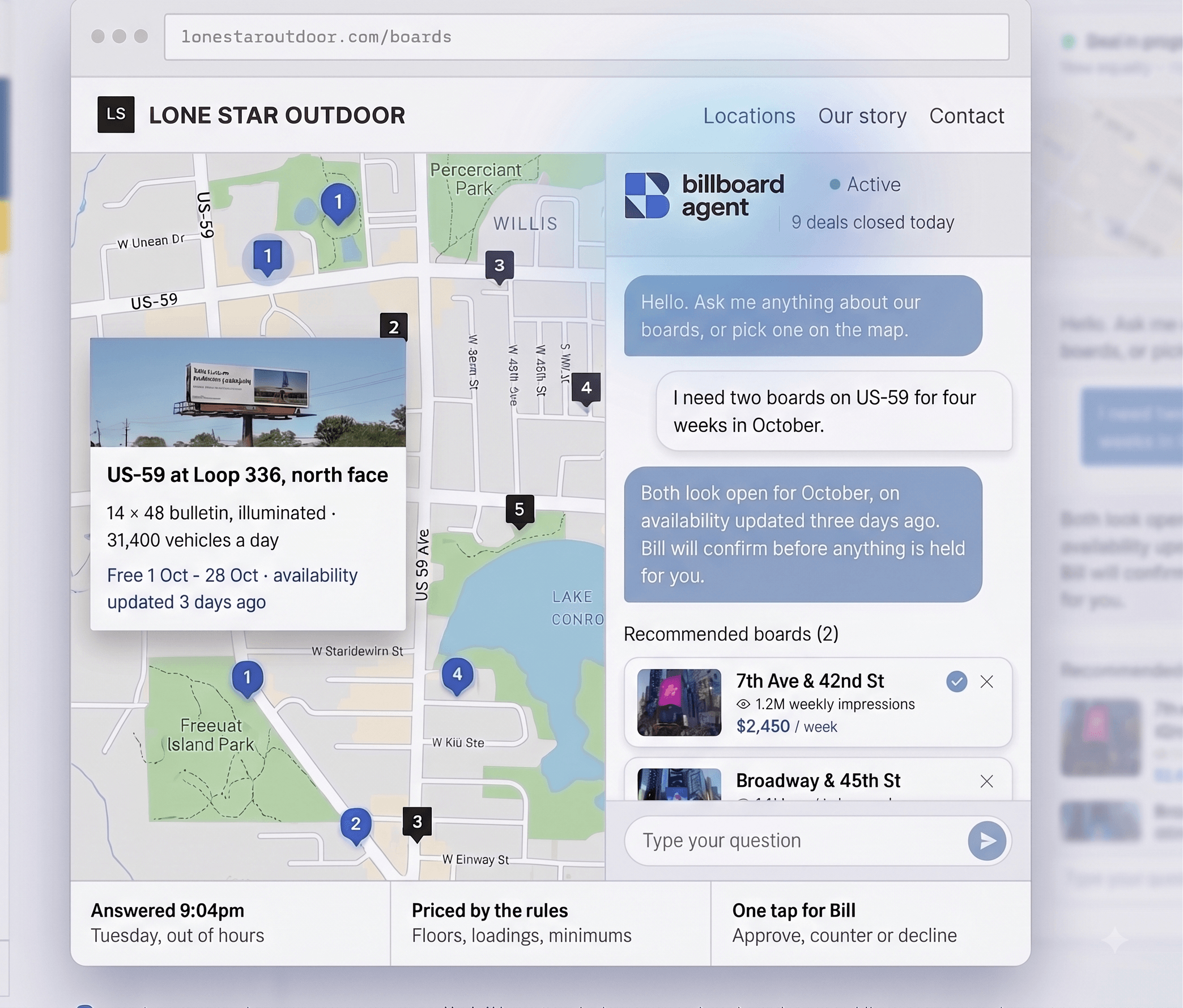 Billboard Agent running on an operator's own site: a buyer asks for two boards on US-59 for four weeks in October, and the agent replies with availability and two recommended boards, priced and mapped.