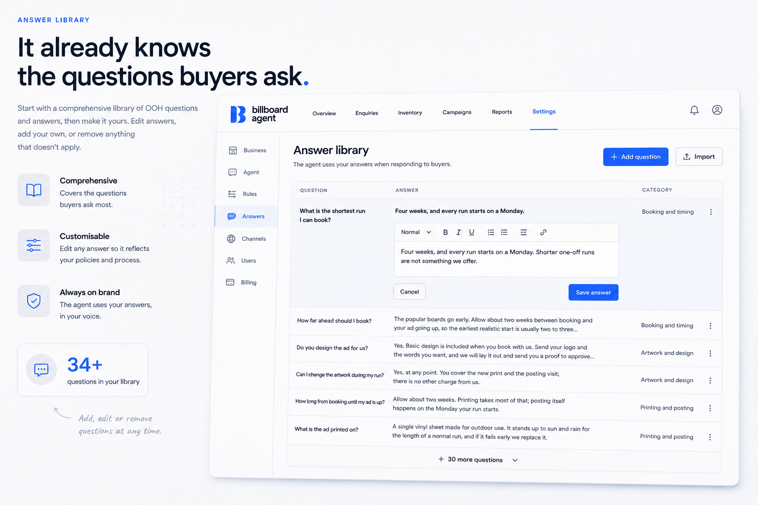 An answer library listing buyer questions and the operator-approved answer used for each one.
